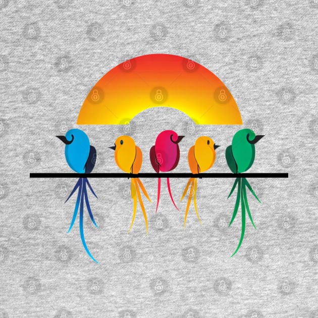 A design featuring a group of colorful birds perched on a wire, with a sunset or sunrise in the background. by maricetak